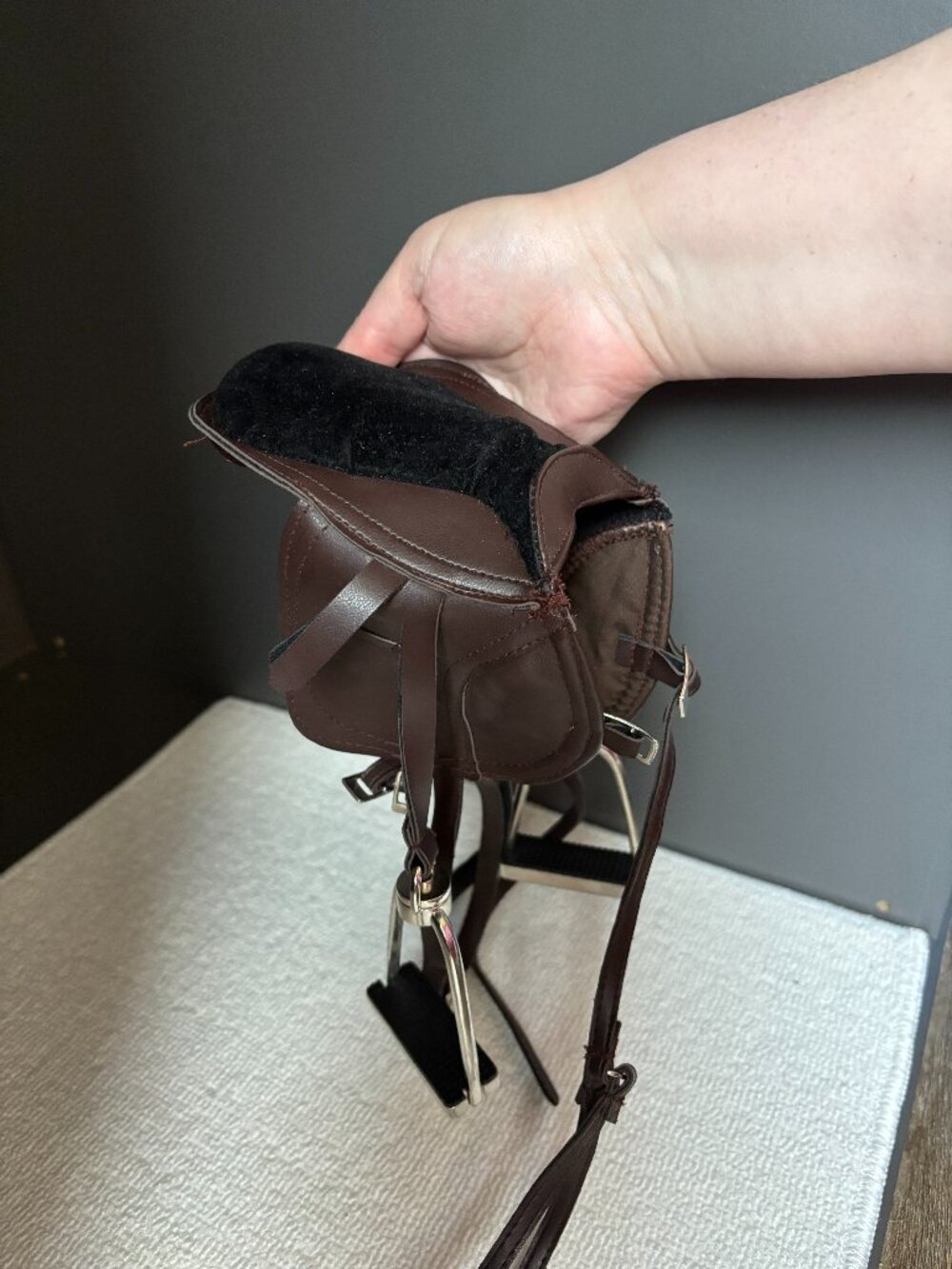 Vintage BATTAT/Our Generation horse saddle for doll-sized horse, metal+leather